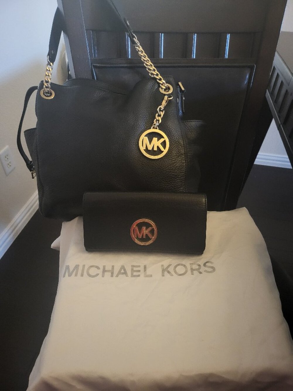 MICHAEL by Michael Kors Jet Set Black Leather Chain Bag and Wallet